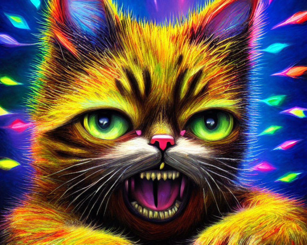 Colorful wide-eyed cat art with neon hues and psychedelic patterns