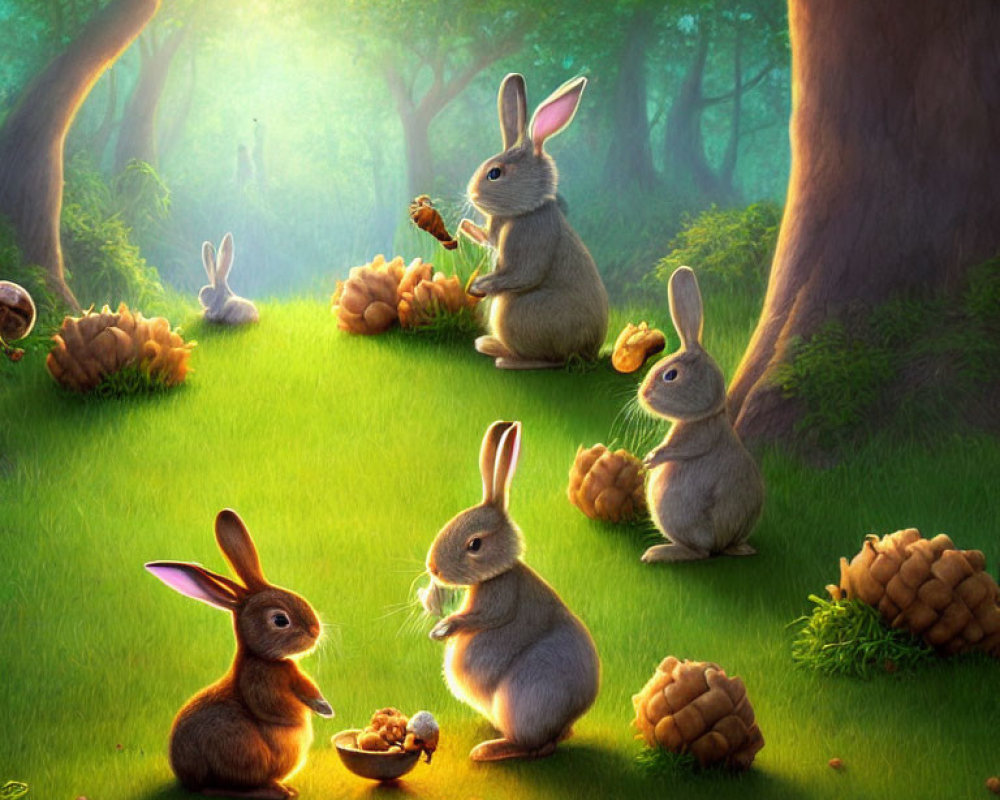 Tranquil forest scene with rabbits and pine cones in lush grass