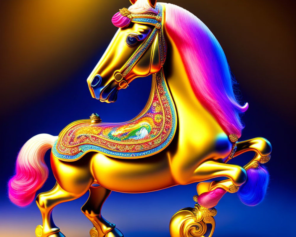 Colorful Golden Horse Illustration on Blue-Yellow Gradient Background