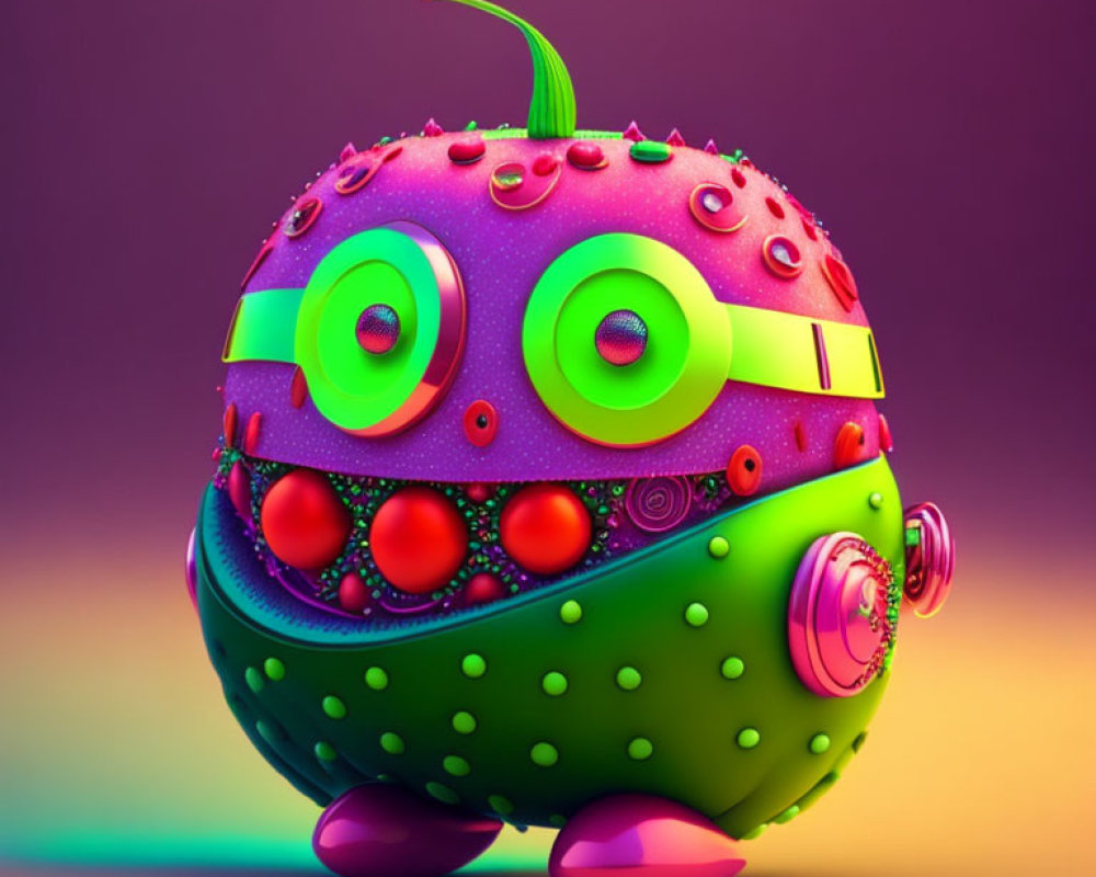 Colorful 3D illustration of whimsical fruit-like character with big eyes, band, and small