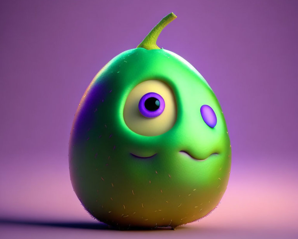 Whimsical 3D rendering of green pear-shaped character with unique features