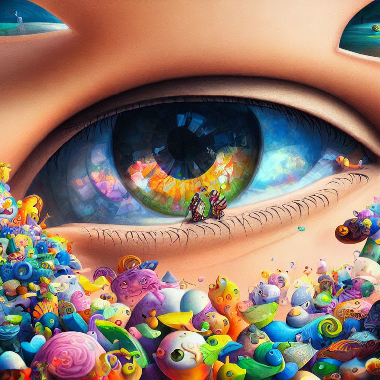 Vibrant surreal close-up featuring giant eye and whimsical creatures