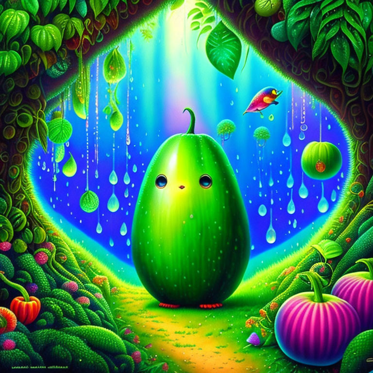 Colorful anthropomorphic green fruit in lush vegetation with small bird