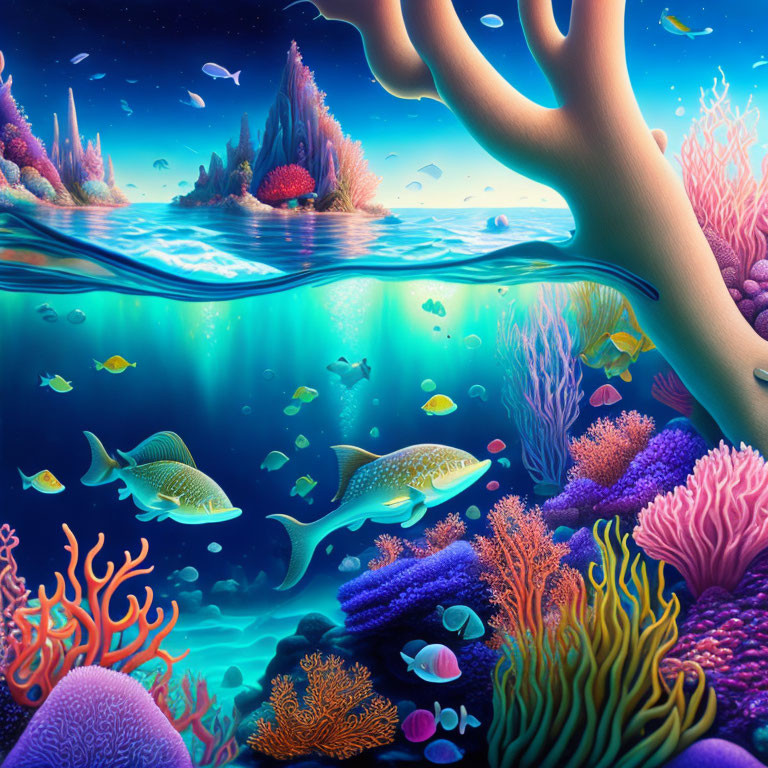 Colorful Coral Reefs and Fish in Surreal Underwater Scene