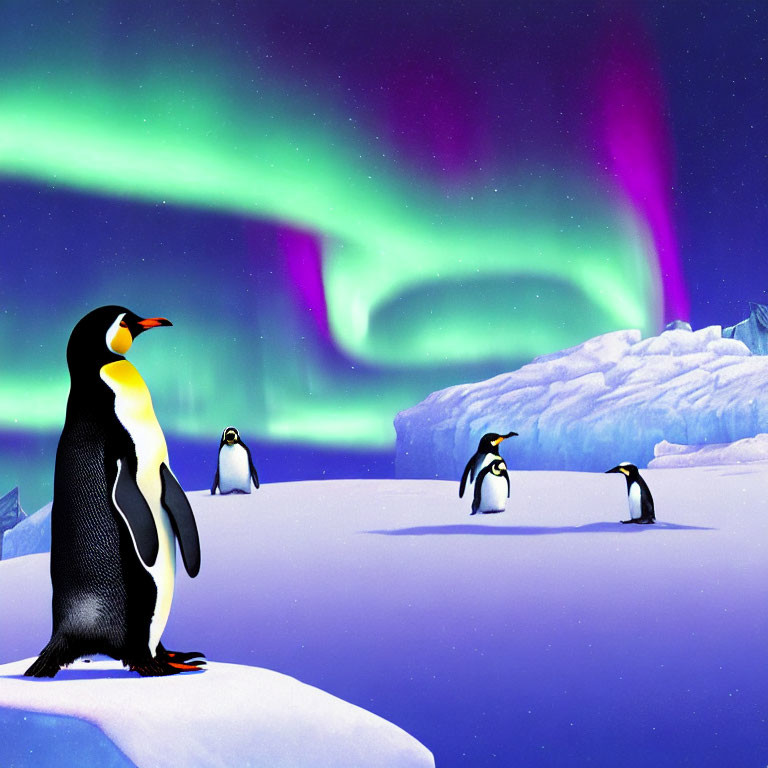 Penguins in icy landscape under colorful aurora borealis