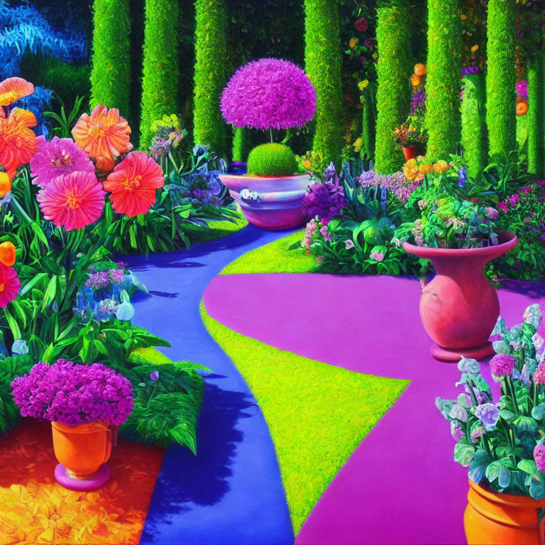 Colorful Flower Garden Path with Trimmed Hedges and Decorative Pots