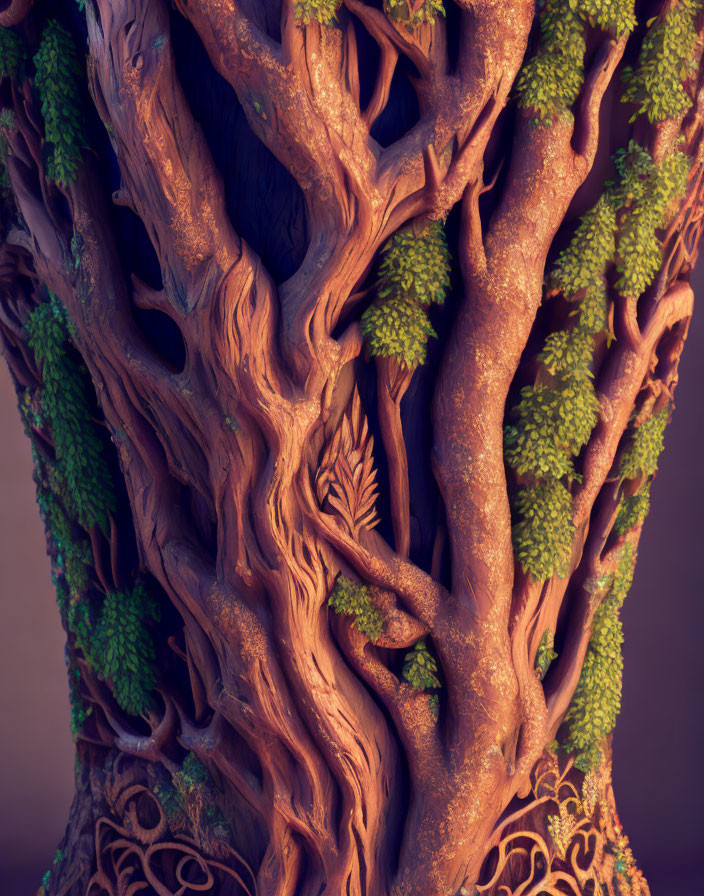 Whimsical digital artwork of intricate tree with green leaves