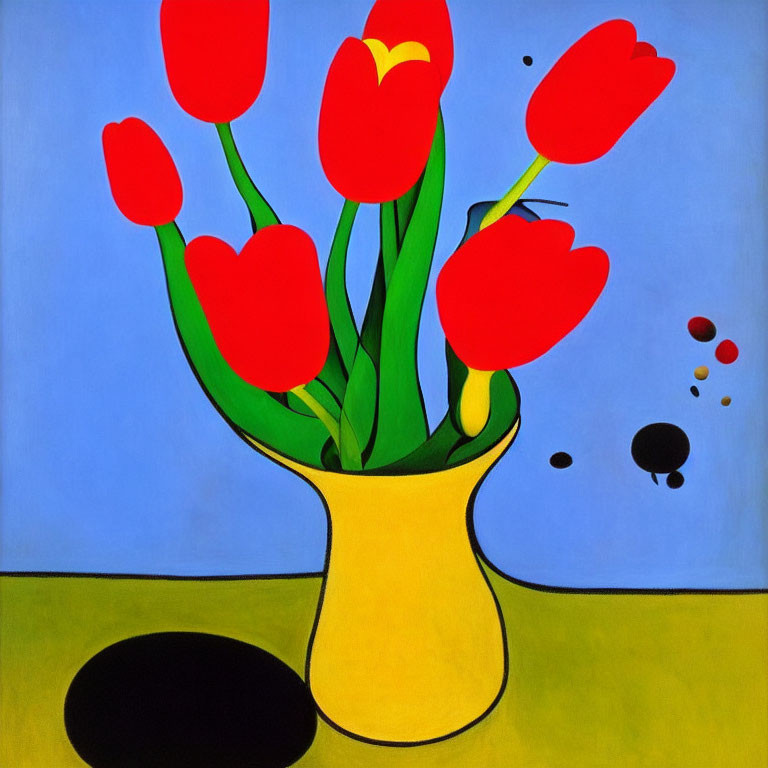 Stylized painting of red tulips in yellow vase on blue background