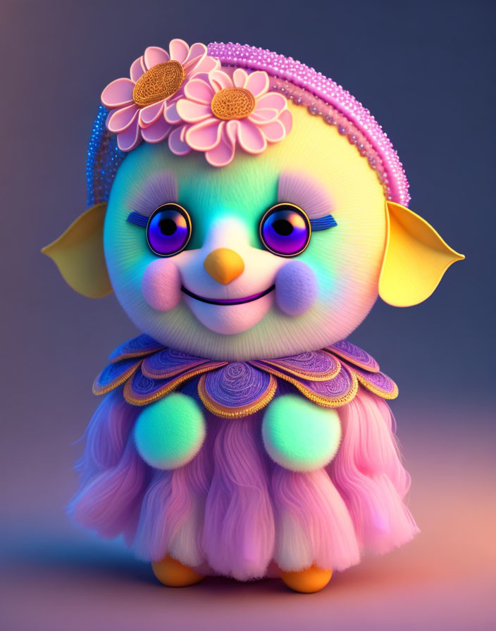 Whimsical Creature with Large Eyes and Flower Headband in Purple Garment