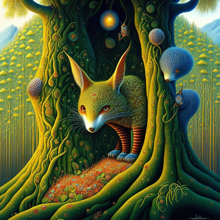 Colorful surreal artwork: Fox with patterned fur under tree, surrounded by orbs, fantasy flora &