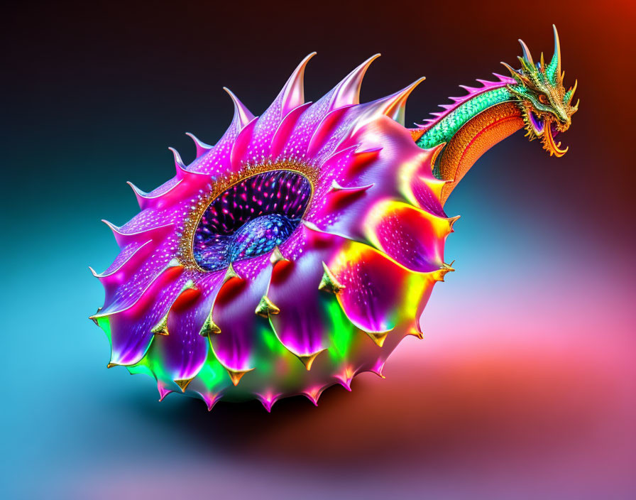 Colorful fantastical dragon illustration with iridescent scales and sharp spines.