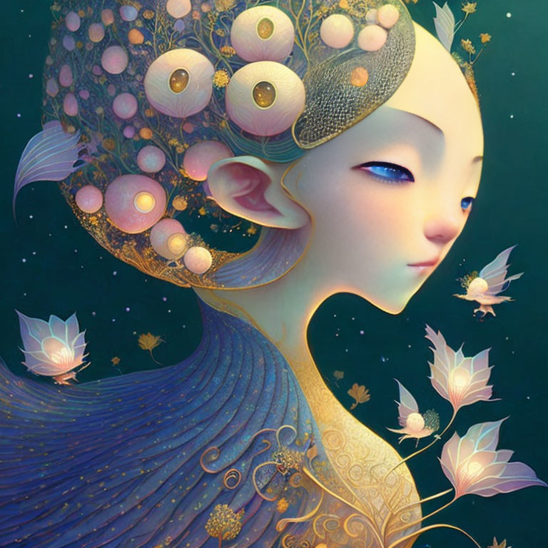 Serene fantasy art of character with large eyes and ornate headdress surrounded by lotus flowers and