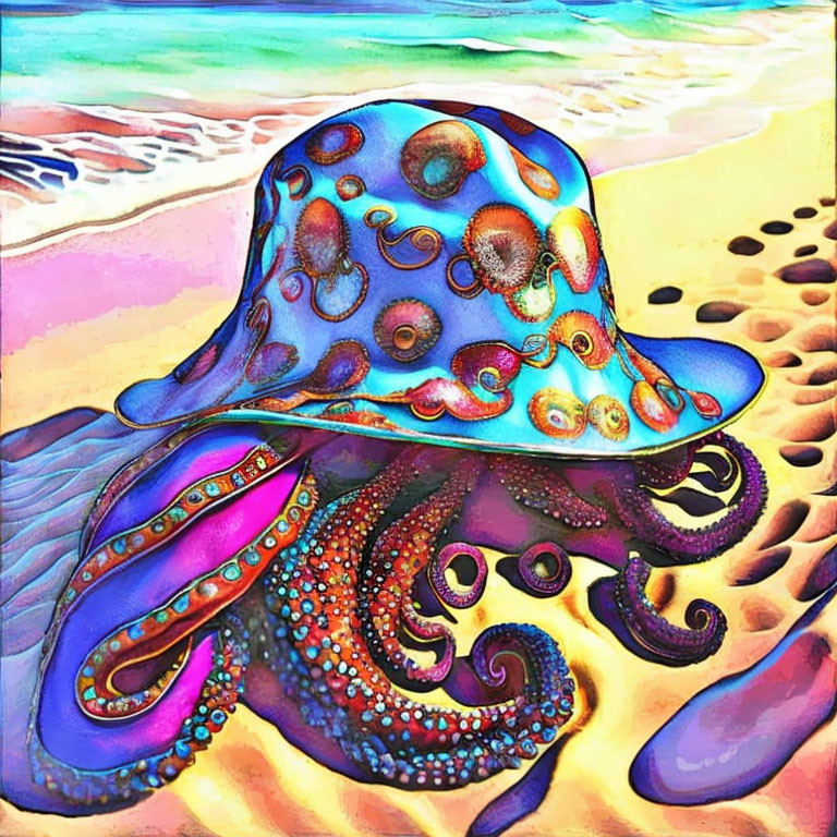 Vibrant Octopus with Patterned Hat on Psychedelic Beach