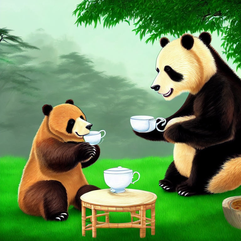 Animated pandas having tea at small table in misty landscape