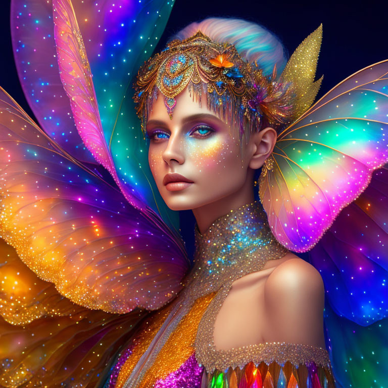 Colorful Butterfly Wings and Glittering Outfit on Dark Background