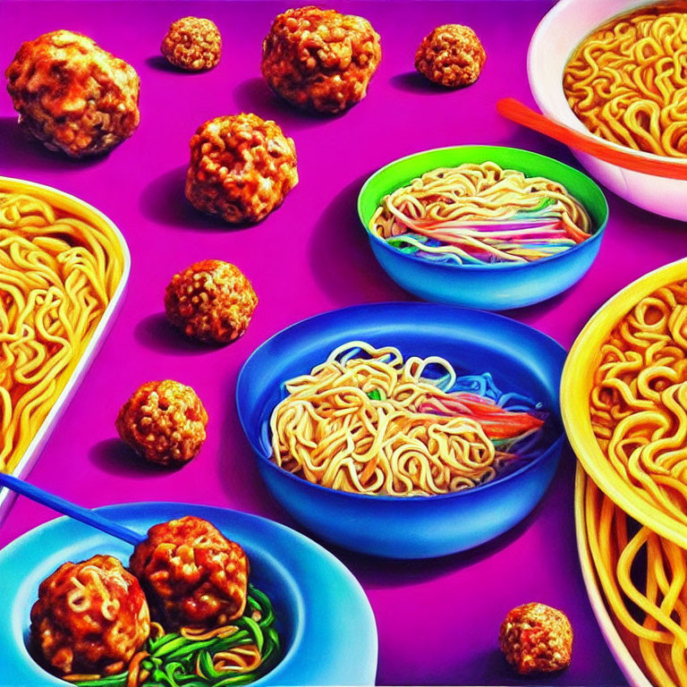 Colorful bowls of noodles with meatballs on purple backdrop, varied chopstick hues