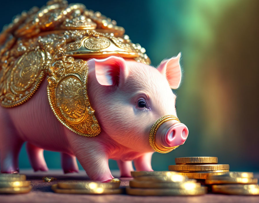 Golden snout ring piglet with ornate shell structure among coins