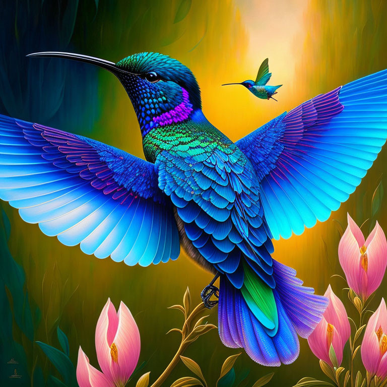 Colorful Hummingbird Artwork with Blue and Green Feathers