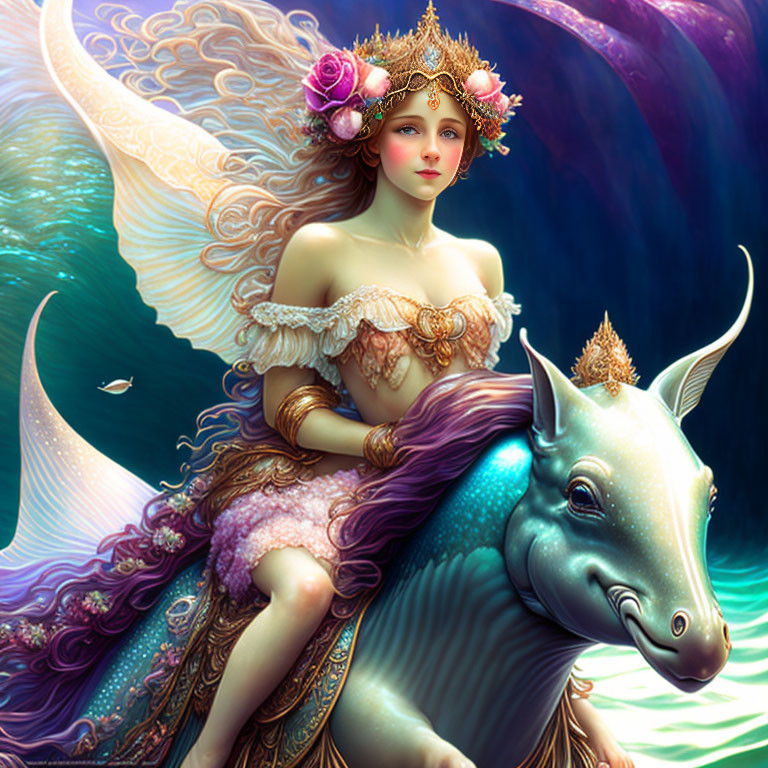 Fantasy Illustration: Woman with Angelic Wings on Unicorn in Cosmic Setting