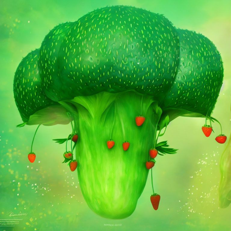 Artistic Fusion: Broccoli and Tree with Hanging Strawberries