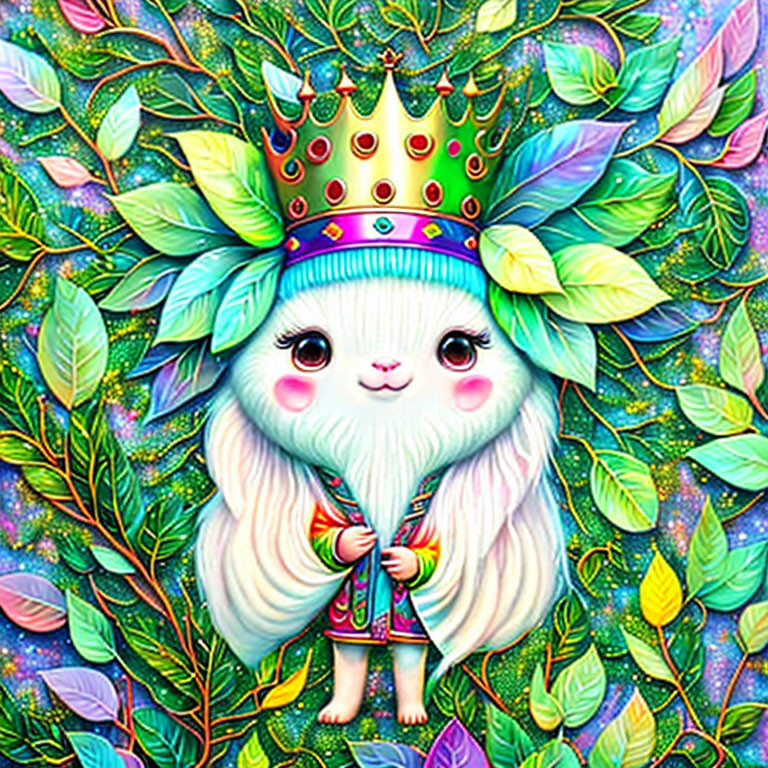 Colorful Illustration of Furry Creature with Crown on Vibrant Leafy Background