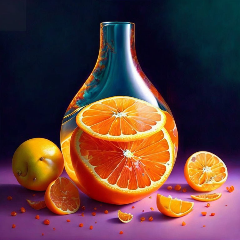 Colorful painting of glass jug merging with sliced orange and whole/parted oranges in a juicy scene