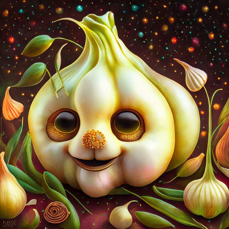 Happy anthropomorphic garlic bulb in cosmic setting with stars and garlic cloves.