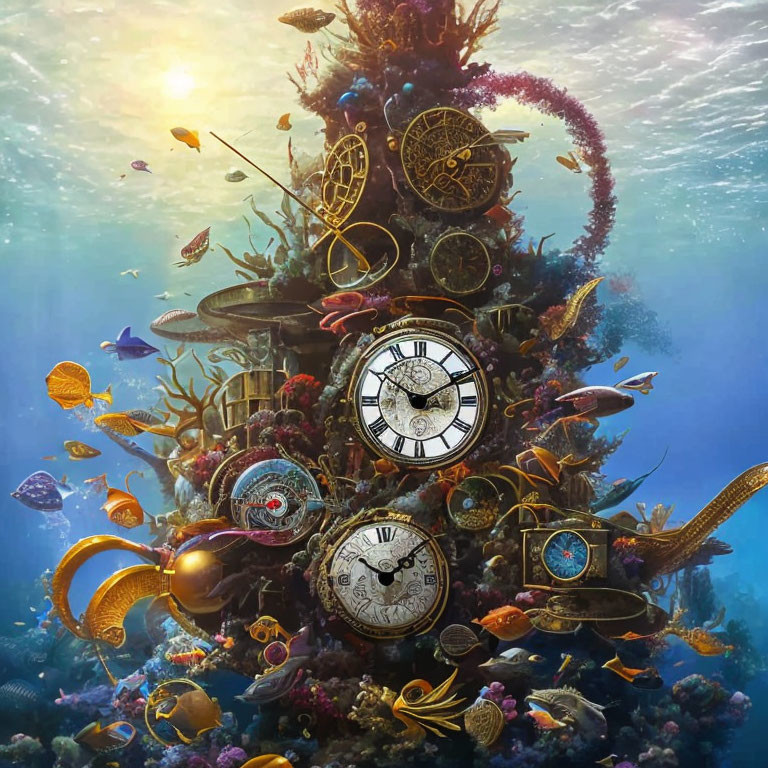 Surreal underwater scene with clock tower, gears, coral, and colorful fish