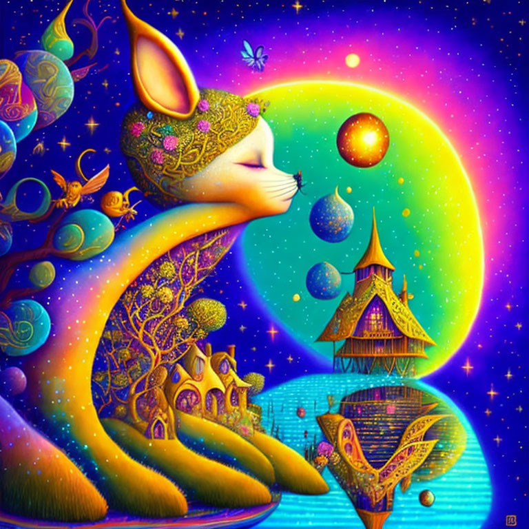 Colorful Fantasy Artwork: Whimsical Landscape with Large Rabbit-Like Creature