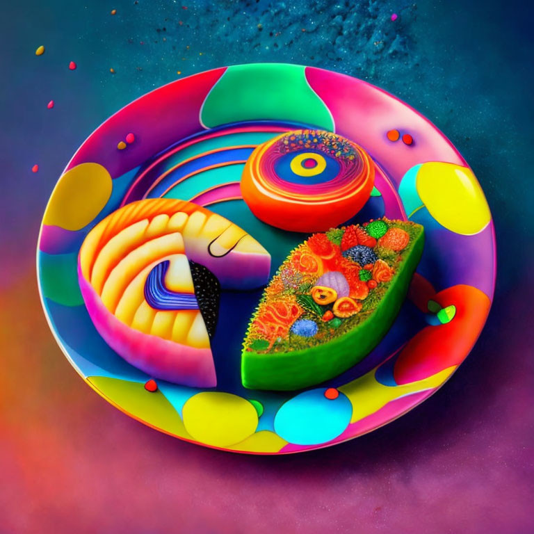 Colorful Plate with Abstract Food Items: Vibrant digital painting featuring swirl-patterned orange slice, flower