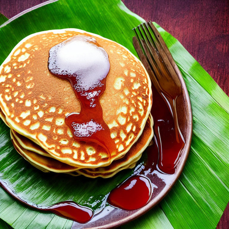 Golden pancakes with butter and maple syrup on green leaf plate