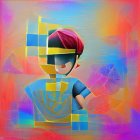 Vibrant illustration of stylized female character with blue eyes and glowing cube