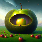 Surreal image: Large green apple with paisley pattern cut-out, revealing smaller apple inside