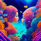 Stylized underwater coral reef faces with vibrant marine life and shark silhouette