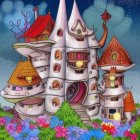 Whimsical fairy-tale castle with colorful flowers under starry sky