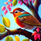 Colorful Bird Among Pink Blossoms and Golden Leaves on Blue Background