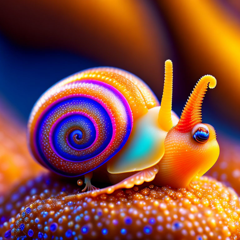 Colorful Psychedelic Snail Crawling on Orange Surface