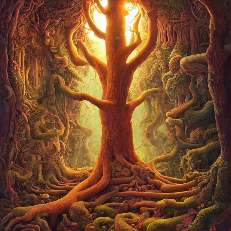 Majestic, luminous tree in enchanted forest with twisting roots and gnarled branches