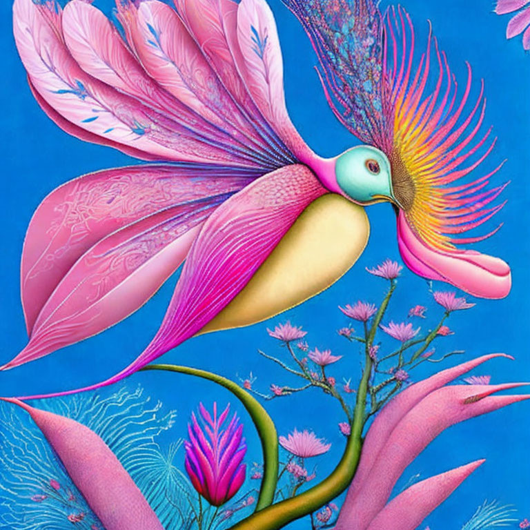 Colorful mythical bird illustration with pink feathers and blue head soaring above intricate patterns and stylized flora on