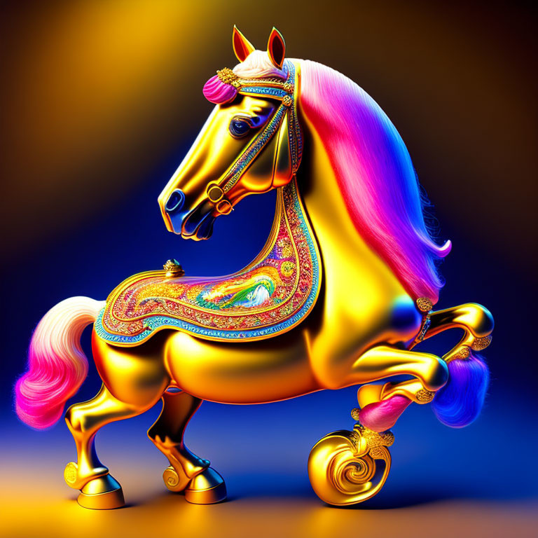 Colorful Golden Horse Illustration on Blue-Yellow Gradient Background