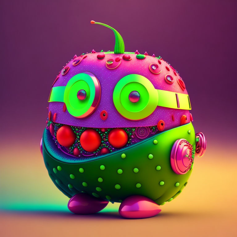 Colorful 3D illustration of whimsical fruit-like character with big eyes, band, and small