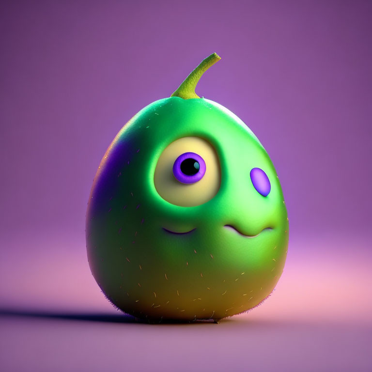 Whimsical 3D rendering of green pear-shaped character with unique features