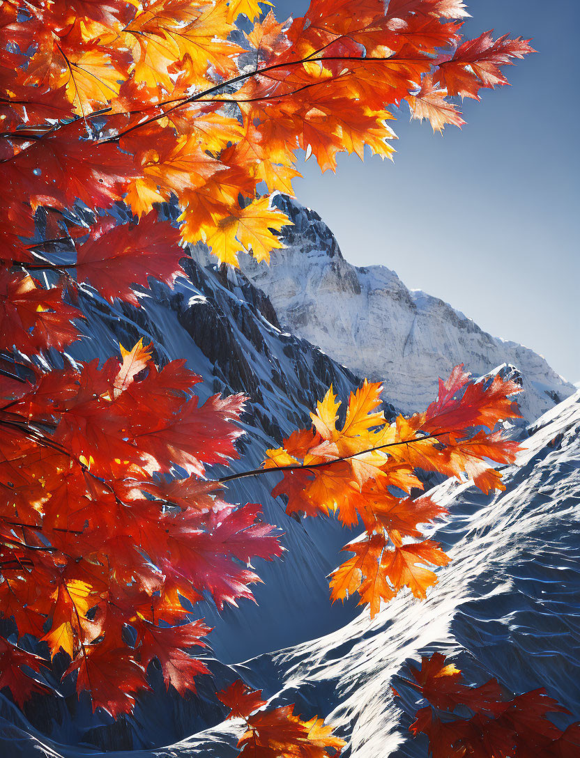 Autumn leaves and snow-covered mountain landscape.