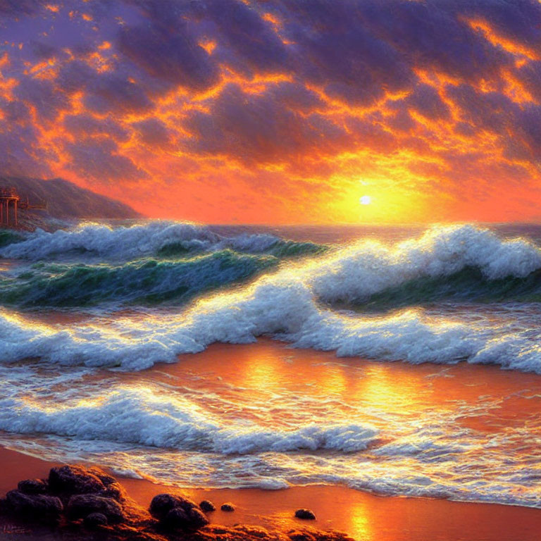 Vibrant orange sea sunset with rolling waves and cloudy warm sky