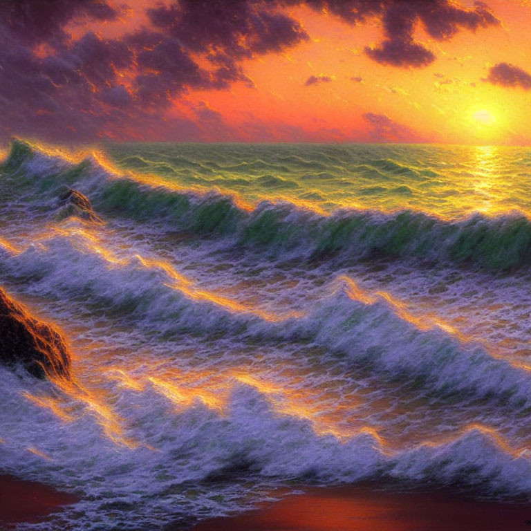 Scenic sunset over rough sea with orange sky & foamy waves