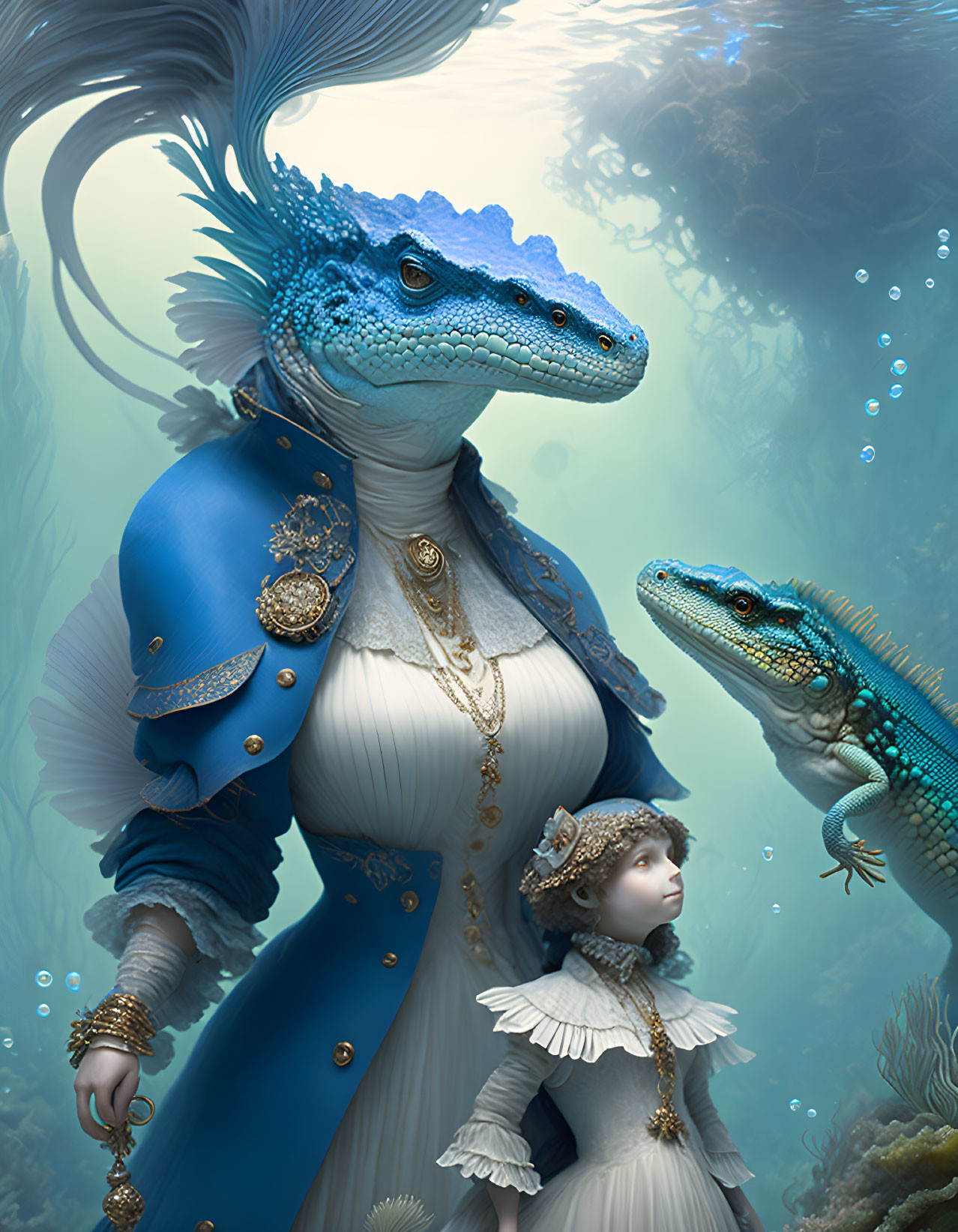 Regal anthropomorphic lizards with child in historical attire underwater