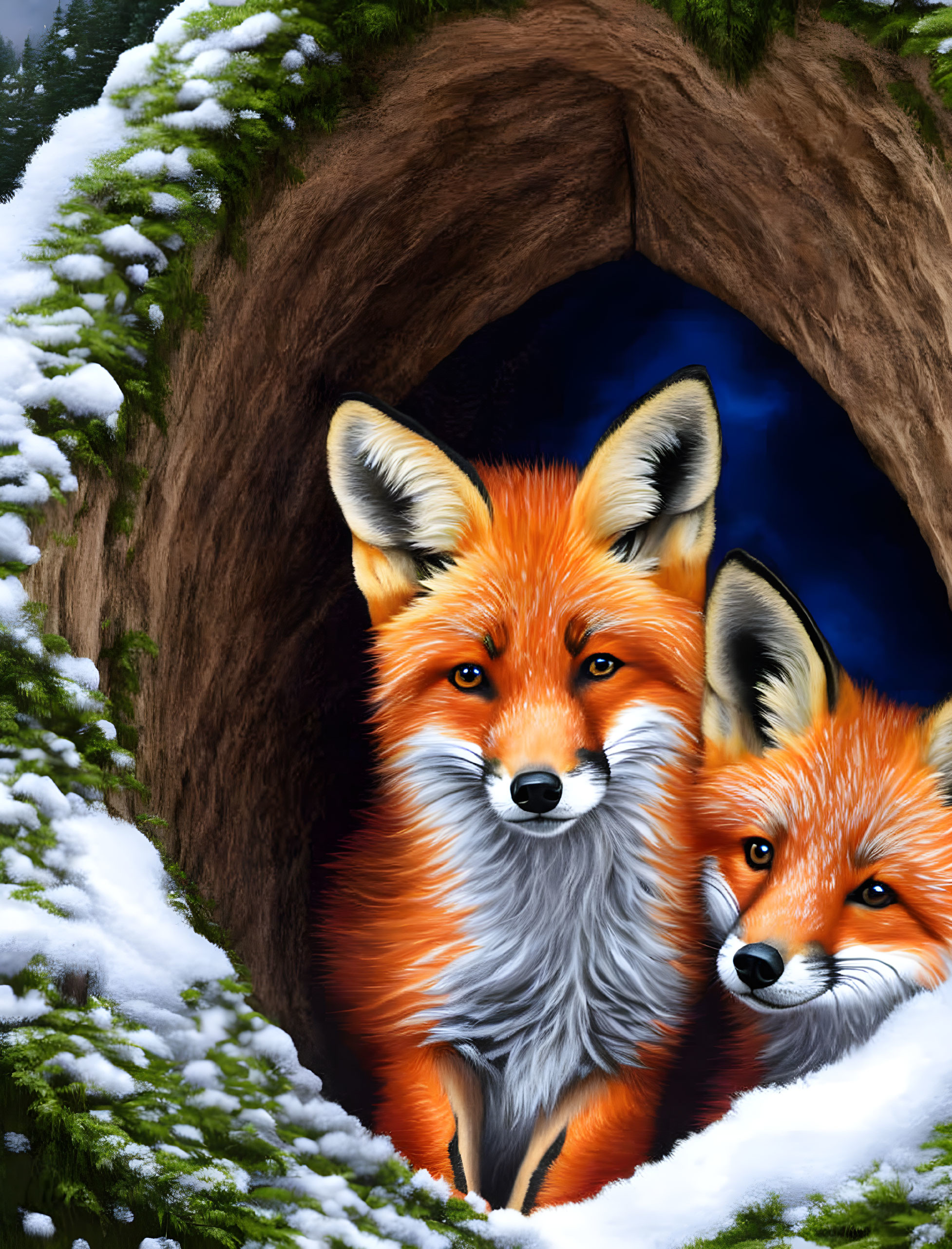 Foxes peeking from snowy burrow in evergreen setting