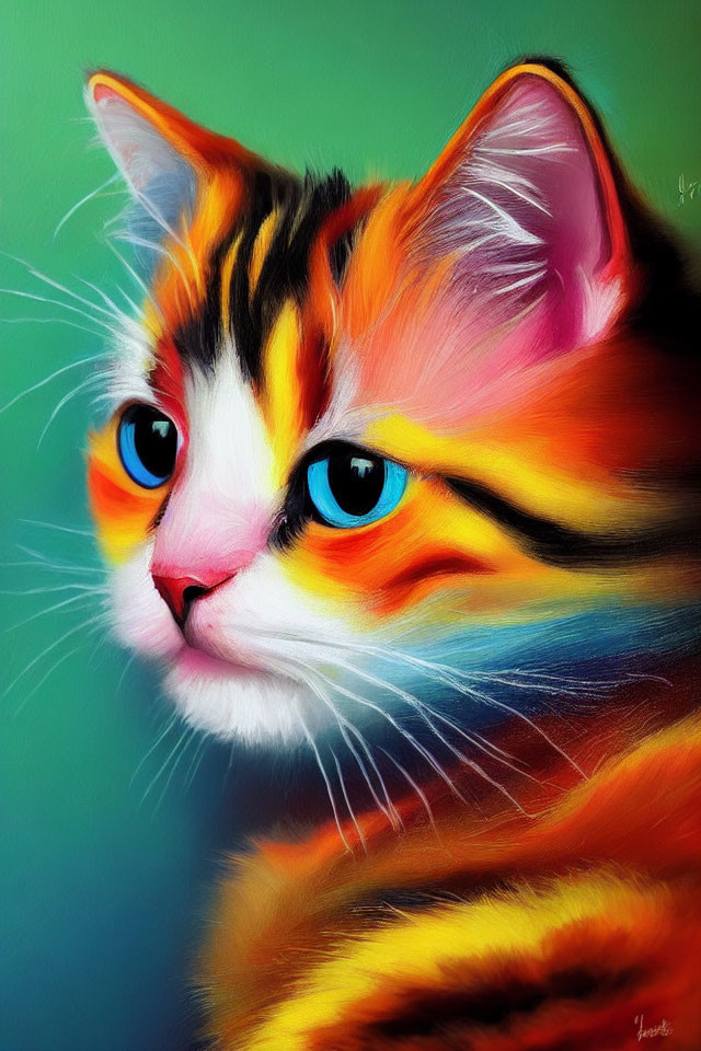 Colorful Cat Digital Painting with Blue Eyes on Green Background