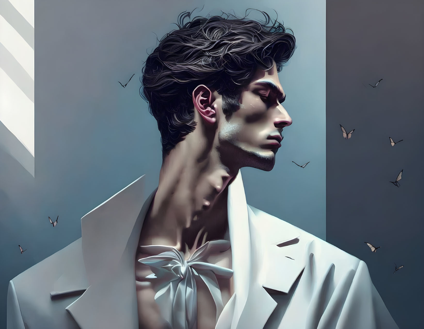 Stylized man in white jacket with butterflies on cool-toned background