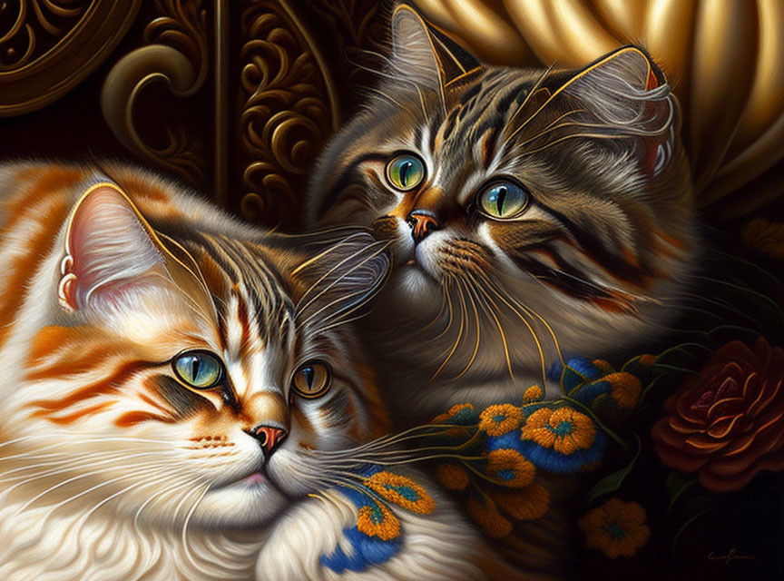 Realistic fluffy tabby cats with green eyes in front of ornate gold details and flowers.